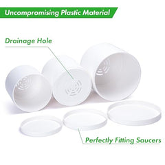 D'vine Dev 4 Inch 5 Inch 6 Inch, Set of 3 Plastic Planter Pots for Plants with Drainage Hole and Seamless Saucers, Black Color, Small, 74-V-B-1