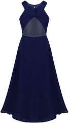 Kids Girls Chiffon Sleeveless Floral Lace Cutout Back Flower Girl Dress Princess Pageant Party Long Dress