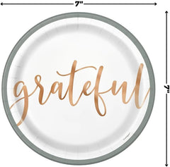 Unique Industries Pastel Thanksgiving Grateful Foil Stamping Round Dessert Paper Plates - 7" (8 Ct) | Elegant & Disposable Paper Plates - Ideal for Holiday Celebrations & Gatherings, Gray, White, Gold