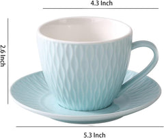 WAIT FLY Retro Embossed Ceramic Coffee Mug Set with Saucer, Tea Cup, Breakfast cup, Dessert Plate-Orange-3 OZ