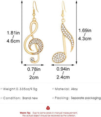 1 Pair Gold Diamond Music Note Earrings, Stylish Drop Earrings for Women, Elegant Gold Tone Jewelry with Crystals, Trendy Musical Note Design, Unique Accessory for Concerts and Parties (Gold)
