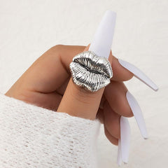 Vintage Lips Open Silver Ring, Women Fashion Jewelry Trendy Gift Accessories