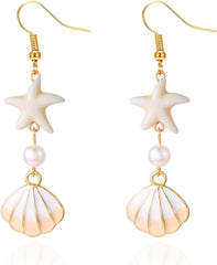 1 Pair Star Shell Stud Earrings, Nautical Theme Gold Tone Earrings, Small Minimalist Studs for Daily Wear, Hypoallergenic Ear Jewelry (Gold&White)