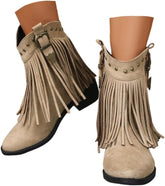 Boho Ankle Booties for Women Ladies Bohemian Vintage Suede Tassel Wide Pointed Toe Chunky Bottom Heels Short Cowboy Boots Retro Slip On Dress Walking Shoes for Cool Girl Fall Winter