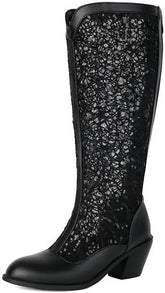 Women's Block Heel Knee High Boots Mesh Lace Goth Chunky Low Heel Gladiator Booties Round Toe Zipper Dress Boots