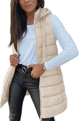 Veatzaer Women Long Vest Solid Color Sleeveless Hood Winter Puffer Vest Outwear