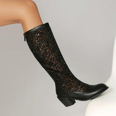 Women's Block Heel Knee High Boots Mesh Lace Goth Chunky Low Heel Gladiator Booties Round Toe Zipper Dress Boots