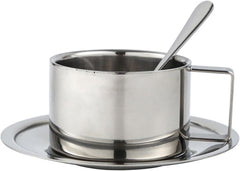Stainless Steel Coffee Cup Spoon and Saucer Set Reusable Serving Plate Milk Cup Double Walled for Travel Home Graduation Gift, 200ML Set