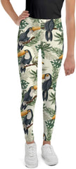Tropical Toucan Girls Leggings (8-20), Green Bird Youth Teen Cute Printed Kids Yoga Tween Pants Graphic Fun Tights