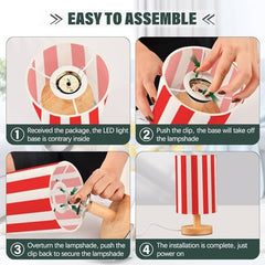 Red White Stripes Bedside Table Lamp Small Desk Lamps Linen Fabric Shade Decorative Nightstand Lamp LED with USB Port Wood Base for Bedroom Living Room