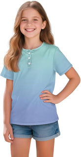 Girls Short Sleeve T-Shirt with Button Summer Breathable Waffle Casual Loose Fit Basic Tees for 2-16 Years