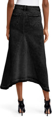 Fisoew Womens Denim Maxi Skirt Casual High Waist A-Line Frayed Irregular Hem Long Jean Skirt