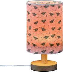Cute Pink Bat Silhouettes Bedside Table Lamp Small Desk Lamps Linen Fabric Shade Decorative Nightstand Lamp LED with USB Port Wood Base for Bedroom Living Room