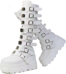 2025 Women's Platform Knee High Goth Boots Chunky High Heel Round-Toe Buckle Boots Lace Up Wedge Heel Studded Goth Knee High Shoes