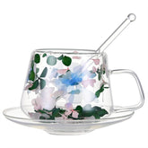 250 ml Glass Coffee Cup with Saucers and Spoons Double Wall Insulated Glass Coffee Mug Flower Tea Cups with Handle for Cappuccino Latte Tea Hot Beverages (Green white)