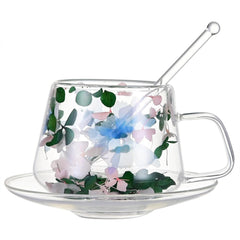 250 ml Glass Coffee Cup with Saucers and Spoons Double Wall Insulated Glass Coffee Mug Flower Tea Cups with Handle for Cappuccino Latte Tea Hot Beverages (Green white)
