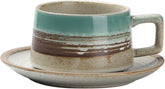 Small Ceramic Coffee Mug Vintage Style 7.4 Ounces Handmade Pottery Tea Cups with Handle, Saucer and Spoon, Perfect For Cappuccino, Espresso, Latte - Porcelain Mugs for Kitchen, Office or Café, Style 3