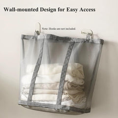 Foldable Wall-Mounted Laundry Basket, Collapsible Nylon Mesh Hamper with Reinforced Carry Handles for Laundry, Bathroom, Dorm or Travel (41L, Grey)