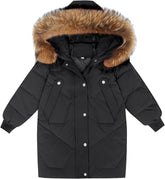Boys Girls Long Hooded Down Jacket Kids Winter Warm Puffer Down Coat with Furry Hood Outerwear Windproof Padded