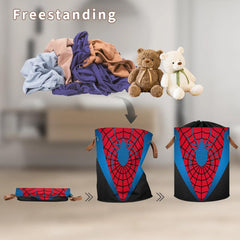 Large Laundry Hamper Basket with Lid, Round Collapsible Storage Organizer Bin for Kids Room, Boys, Nursery, Closet, Bedroom, Playroom, Toys, Dirty Clothes, 16"W x 20"H Blue and Red Spider Web