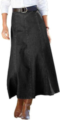 Flamingals A-Line High Rise Vintage Wash Stitch Detail Long Denim Skirt Without Belt