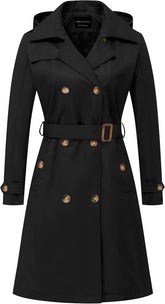 CREATMO US Women's Long Trench Coat Double-Breasted Classic Lapel Overcoat Belted Slim Outerwear Coat with Detachable Hood