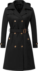 CREATMO US Women's Long Trench Coat Double-Breasted Classic Lapel Overcoat Belted Slim Outerwear Coat with Detachable Hood