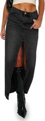 Fisoew Women's Long Denim Maxi Skirts High Waisted Frayed Hem Western Split Jean Skirt Streetwear