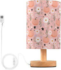 Flowers Stars Pumpkins Bedside Table Lamp Small Desk Lamps Linen Fabric Shade Decorative Nightstand Lamp LED with USB Port Wood Base for Bedroom Living Room