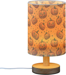 Halloween Pumpkin Green Eyes Bedside Table Lamp Small Desk Lamps Linen Fabric Shade Decorative Nightstand Lamp LED with USB Port Wood Base for Bedroom Living Room