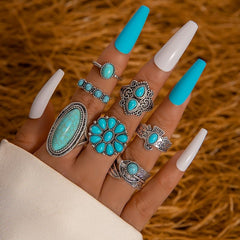 Women Retro Turquoise Knuckle Stackable Gift Halloween Jewelry Accessories Set