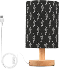 Skeleton Hands Pattern Bedside Table Lamp Small Desk Lamps Linen Fabric Shade Decorative Nightstand Lamp LED with USB Port Wood Base for Bedroom Living Room
