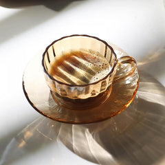 Sizikato Clear Glass Cup & Saucer Set, 6 Oz Scented Tea Cup Coffee Mug, Pumpkin Stripes