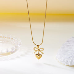 1PCS Bow Heart Pendant Necklace, Dainty Ribbon Charm Necklace, Delicate Layered Chain, Minimalist Love Jewelry for Women, Adjustable Bowknot Necklaces (Gold)
