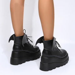 Crzidha Womens Chunky Platform Ankle Boots Dressy Halloween Dark Gothic Wings Bat Print Lace-up Wedge Heel Short Boots Classic Comfortable Matte Glossy Hidden High Heels Shoes