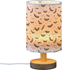 Halloween Bats Moon Bedside Table Lamp Small Desk Lamps Linen Fabric Shade Decorative Nightstand Lamp LED with USB Port Wood Base for Bedroom Living Room