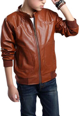 Boys Girls Stand Collar Leather Jackets Outerwear Kids Zipper Motorcycle PU Leather Coats Aged 3-12