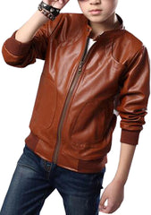 Boys Girls Stand Collar Leather Jackets Outerwear Kids Zipper Motorcycle PU Leather Coats Aged 3-12