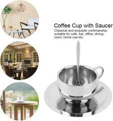 Stainless Steel Coffee Cup with Spoons & Saucer, Anti Scald Double Wall Insulation Coffee Mugs with Handle for Most Daily Drinks Tea,Milk, Water, Etc. (5.3x2.4in)