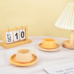 Koythin Ceramic Coffee Mug with Saucer Set, Cute Creative V-shaped Handle Cup Saucer for Office and Home, Dishwasher and Microwave Safe, 5.5 oz/160 ml for Latte Tea Milk (Apricot)