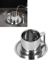 plplaaoo Coffee Mug Set, Stainless Steel Coffee Cup,Double Wall Insulated Coffee Mug with Saucer and Spoon,with Handle,for Latte,Milk,Tea,Cappuccino(Milano Double Layer Suit-180ML), coffee mug esp