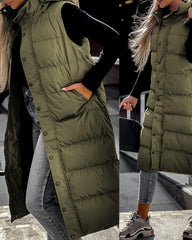 Grlasen Women's long Quilted Vest hooded sleeveless Button Down puff vest cotton padded jacket winter coat