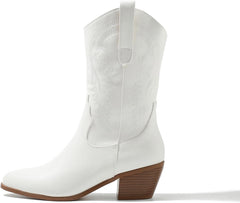 Women's Cowboy Mid Calf Western Boots Embroidered Pointed Toe Chunky Block Heel Pull on Block Heels Pattern Western Cowboy Boots