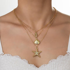 3PCS Gold Star Necklace Set, Layered Shell and Scallop Pendant Necklaces for Everyday Use, Adjustable Layered Jewelry for Women, Ocean-Inspired Accessories (Golden)