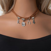 1PCS Western Layered Cactus Pendant Necklace, Denim Multi-Strand Choker, Cowgirl Style Jewelry, Adjustable Desert Charm Necklace for Women, Fashion Accessory (Silver&Blue)