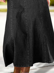 Flamingals A-Line High Rise Vintage Wash Stitch Detail Long Denim Skirt Without Belt