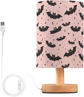 Moon Bat Silhouettes Bedside Table Lamp Small Desk Lamps Linen Fabric Shade Decorative Nightstand Lamp LED with USB Port Wood Base for Bedroom Living Room