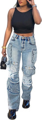 LKOUS Women's Y2K Baggy Straight Wide Leg Cargo Jeans, Streetwear High Waisted Denim Pant