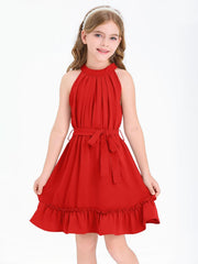 Newffr Girl's Halter Neck Sleeveless Summer Dress Tie Waist A-line Sundress Mini Swing Pleated Dress for Girls 4-12
