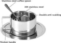 Stainless Steel Coffee Cup Mug Set Double Wall Spoon Saucer Kitchen Supplies Silver